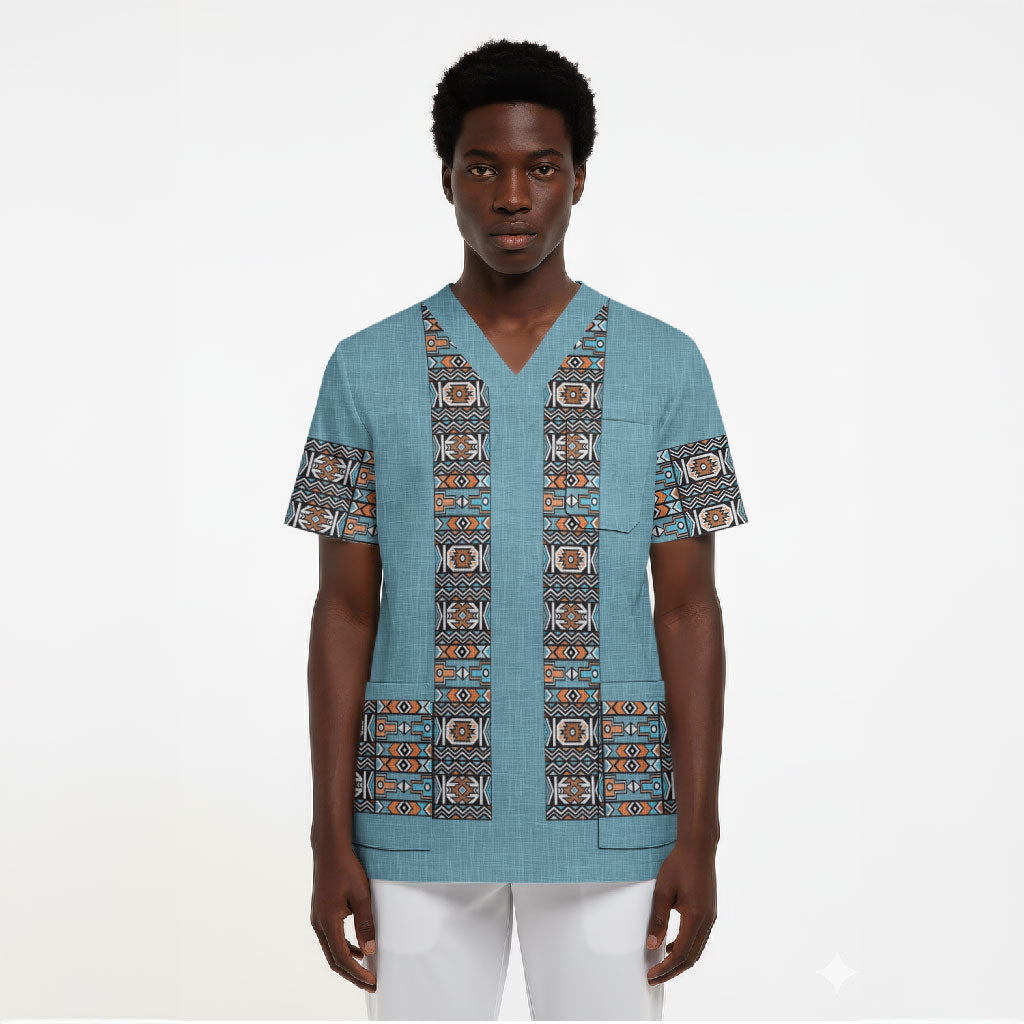 African Ndebele Traditional Attire Scrub Top Blue Ndebele Stripe