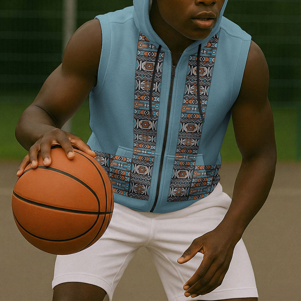 African Ndebele Traditional Attire Sleeveless Zip Hoodie Blue Ndebele Stripe