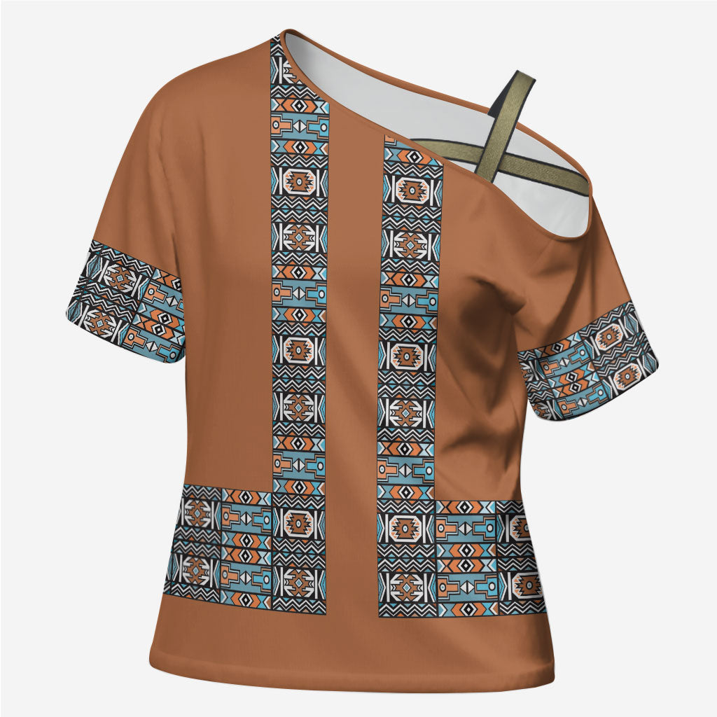 African Ndebele Traditional Attire Cross Shoulder Shirt Brown Ndebele Stripe