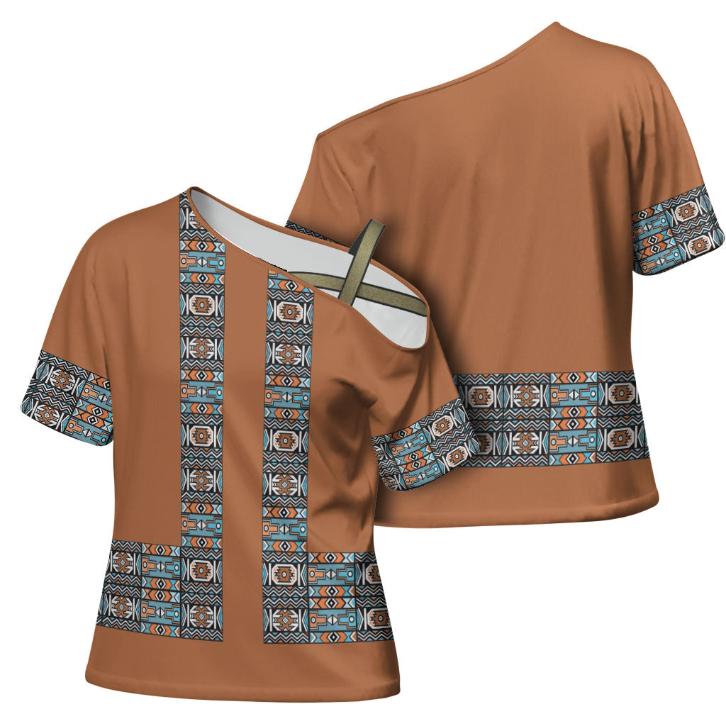 African Ndebele Traditional Attire Cross Shoulder Shirt Brown Ndebele Stripe