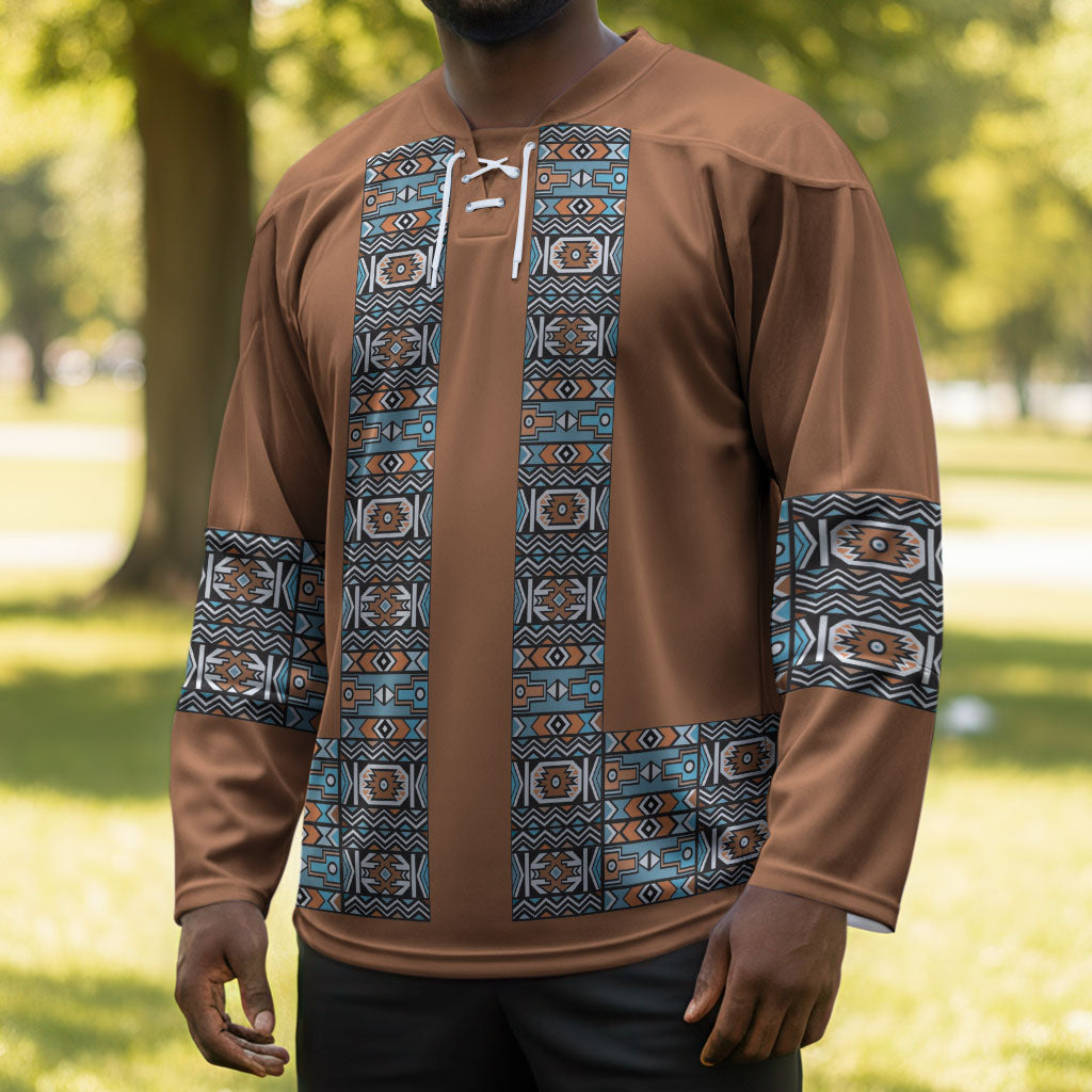 African Ndebele Traditional Attire Hockey Jersey Brown Ndebele Stripe