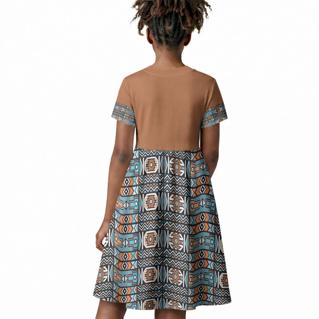 African Ndebele Traditional Attire Kid Short Sleeve Dress Brown Ndebele Stripe