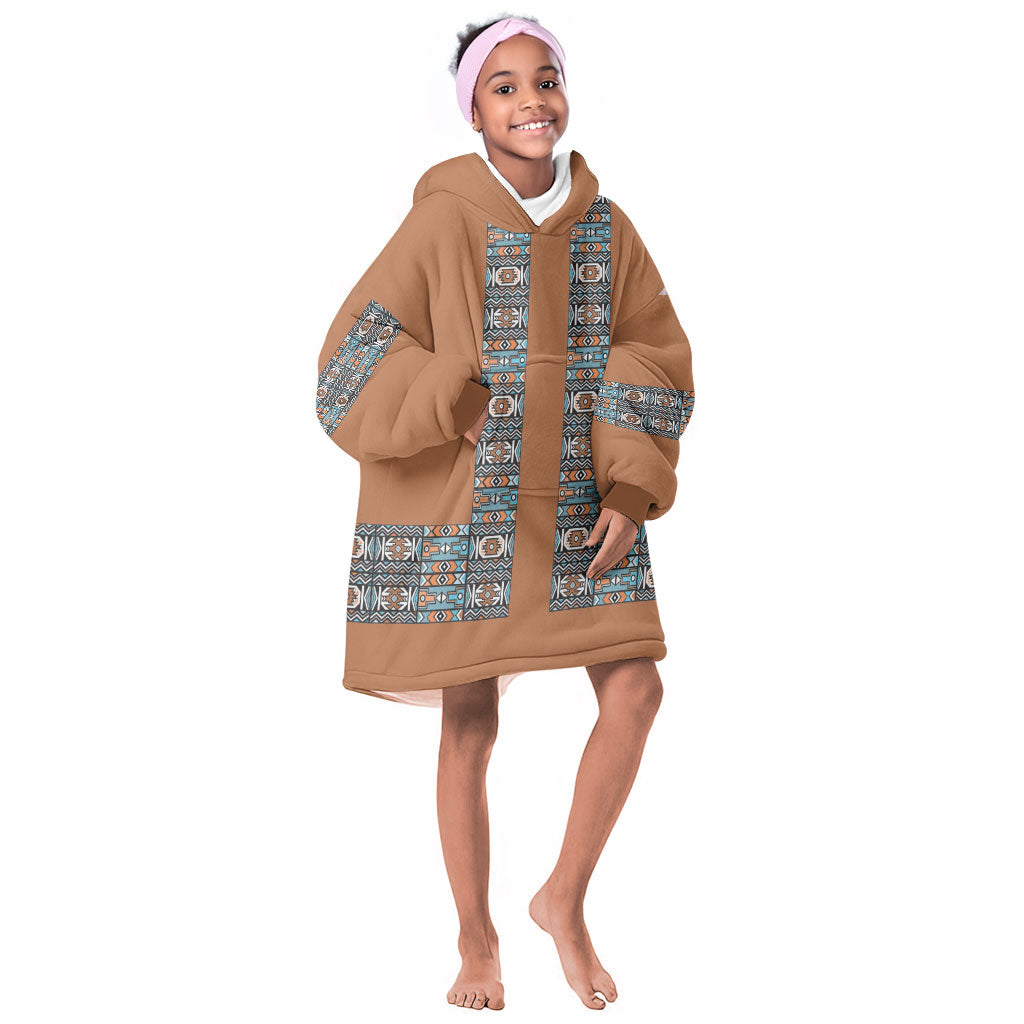 African Ndebele Traditional Attire Kid Wearable Blanket Hoodie Brown Ndebele Stripe