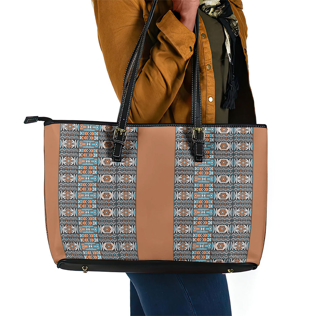 African Ndebele Traditional Attire Leather Tote Bag Brown Ndebele Stripe