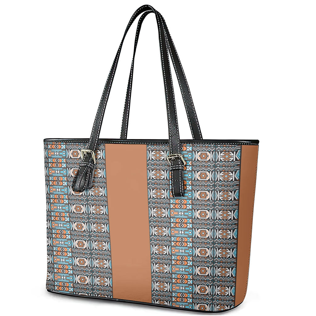 African Ndebele Traditional Attire Leather Tote Bag Brown Ndebele Stripe