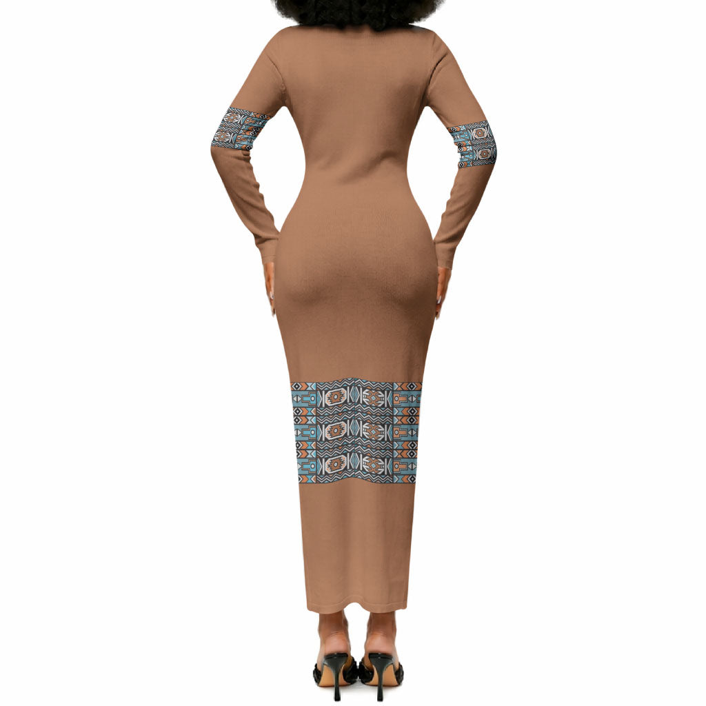 African Ndebele Traditional Attire Long Sleeve Bodycon Dress Brown Ndebele Stripe