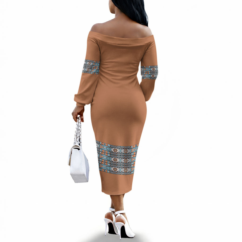 African Ndebele Traditional Attire Off The Shoulder Long Sleeve Dress Brown Ndebele Stripe