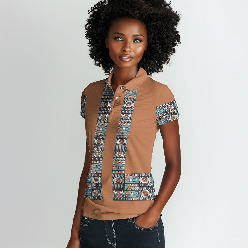 African Ndebele Traditional Attire Women Polo Shirt Brown Ndebele Stripe