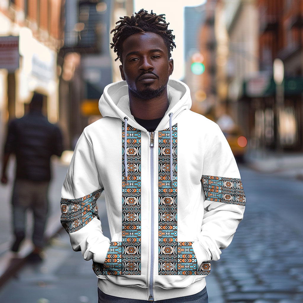 African Ndebele Traditional Attire Zip Hoodie White Ndebele Stripe