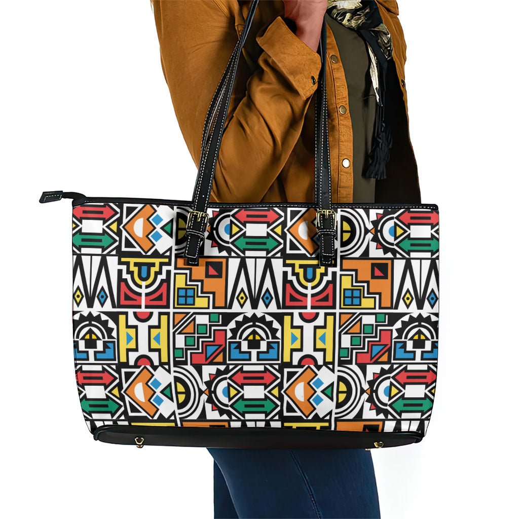 African Geometric Ndebele Patterns Leather Tote Bag