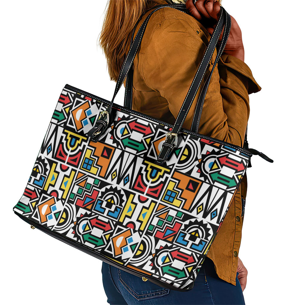 African Geometric Ndebele Patterns Leather Tote Bag