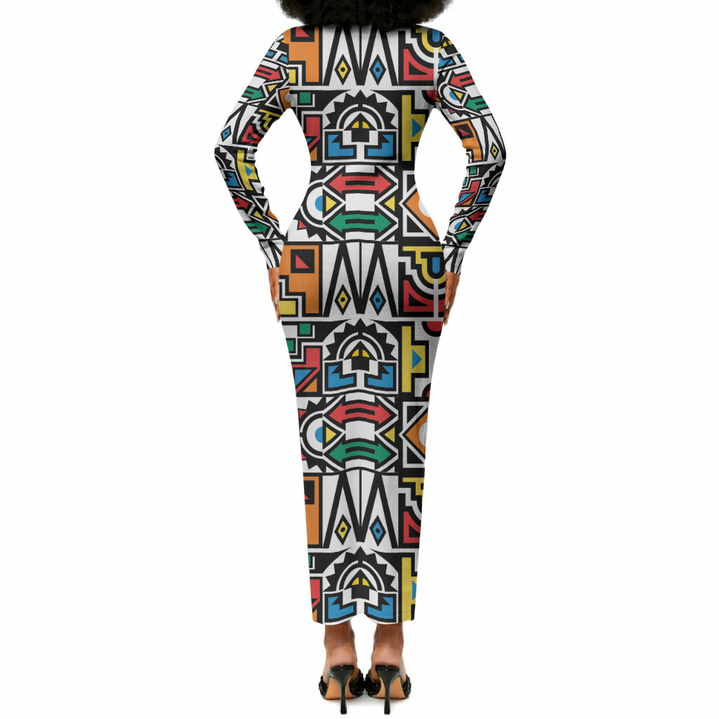 African Geometric Ndebele Patterns Long Sleeve Bodycon Dress