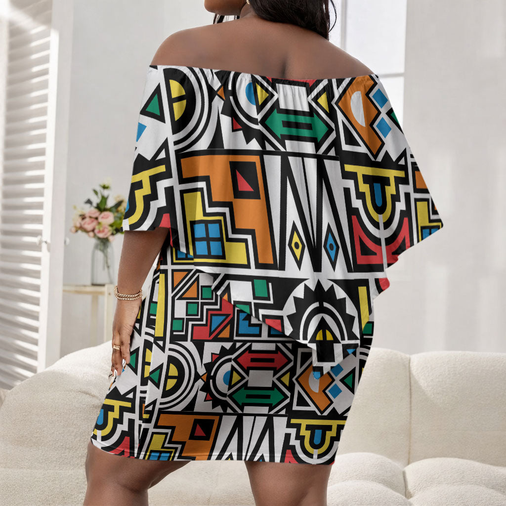 African Geometric Ndebele Patterns Off Shoulder Short Dress