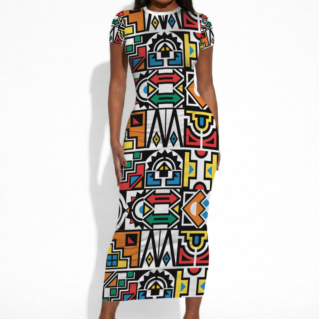 African Geometric Ndebele Patterns Short Sleeve Bodycon Dress