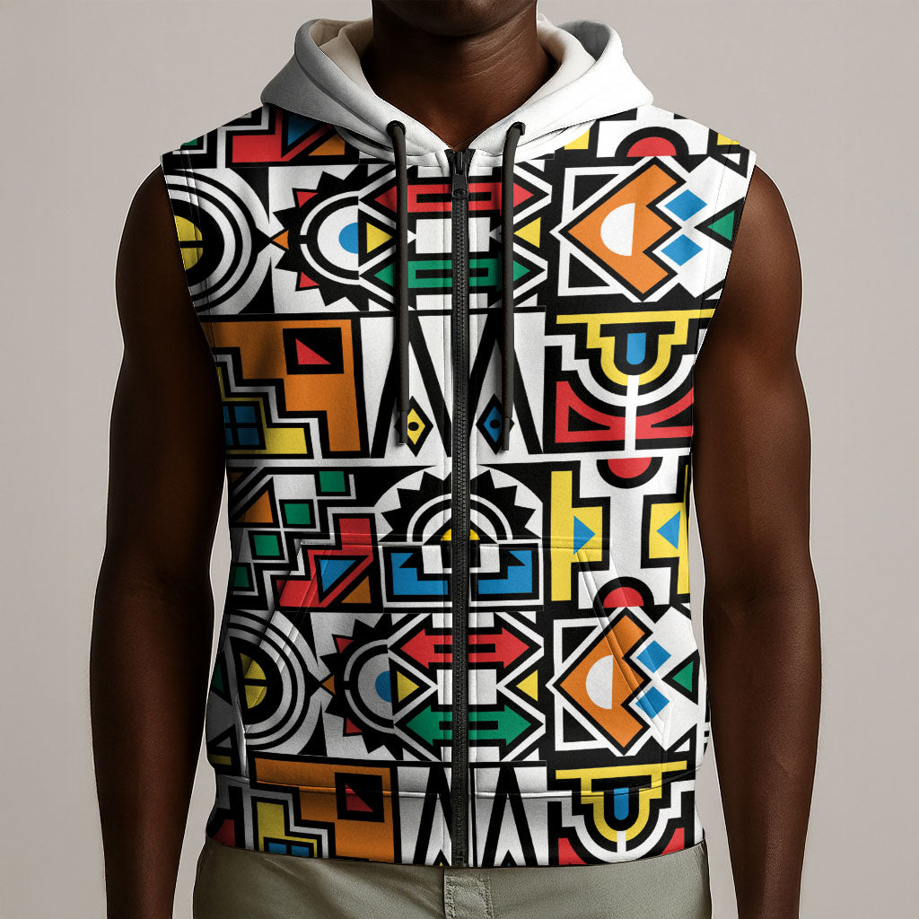 African Geometric Ndebele Patterns Sleeveless Zip Hoodie