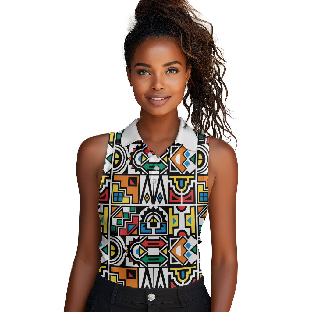 African Geometric Ndebele Patterns Women Sleeveless Polo Shirt