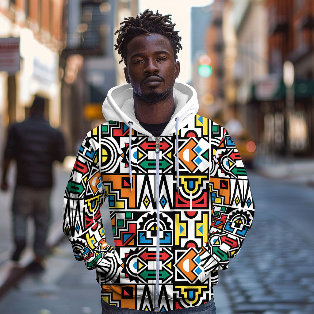 African Geometric Ndebele Patterns Zip Hoodie