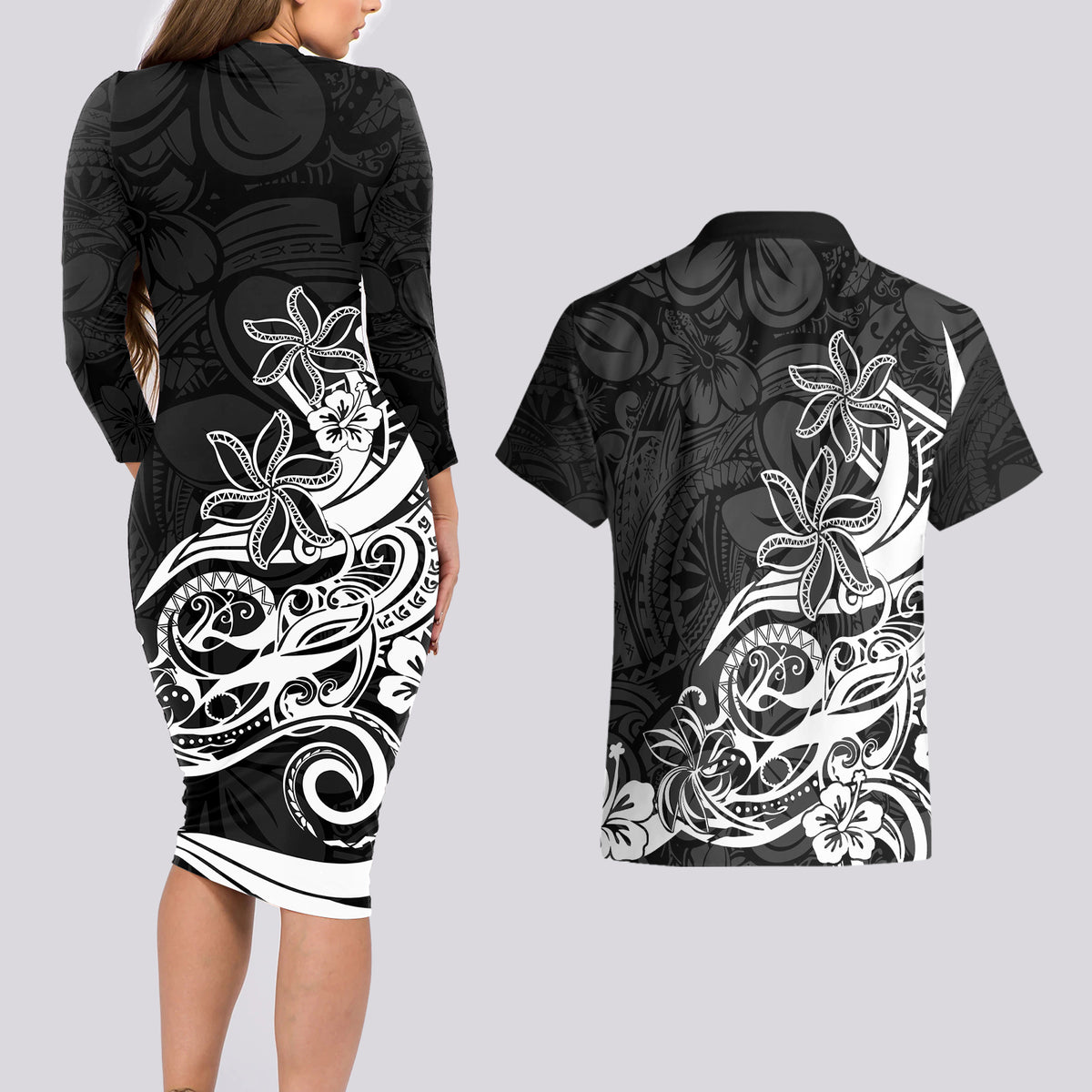 Polynesian Sunset Plumeria Couples Matching Long Sleeve Bodycon Dress and Hawaiian Shirt Pacific Island Tribal Black Style LT9 - Wonder Print Shop