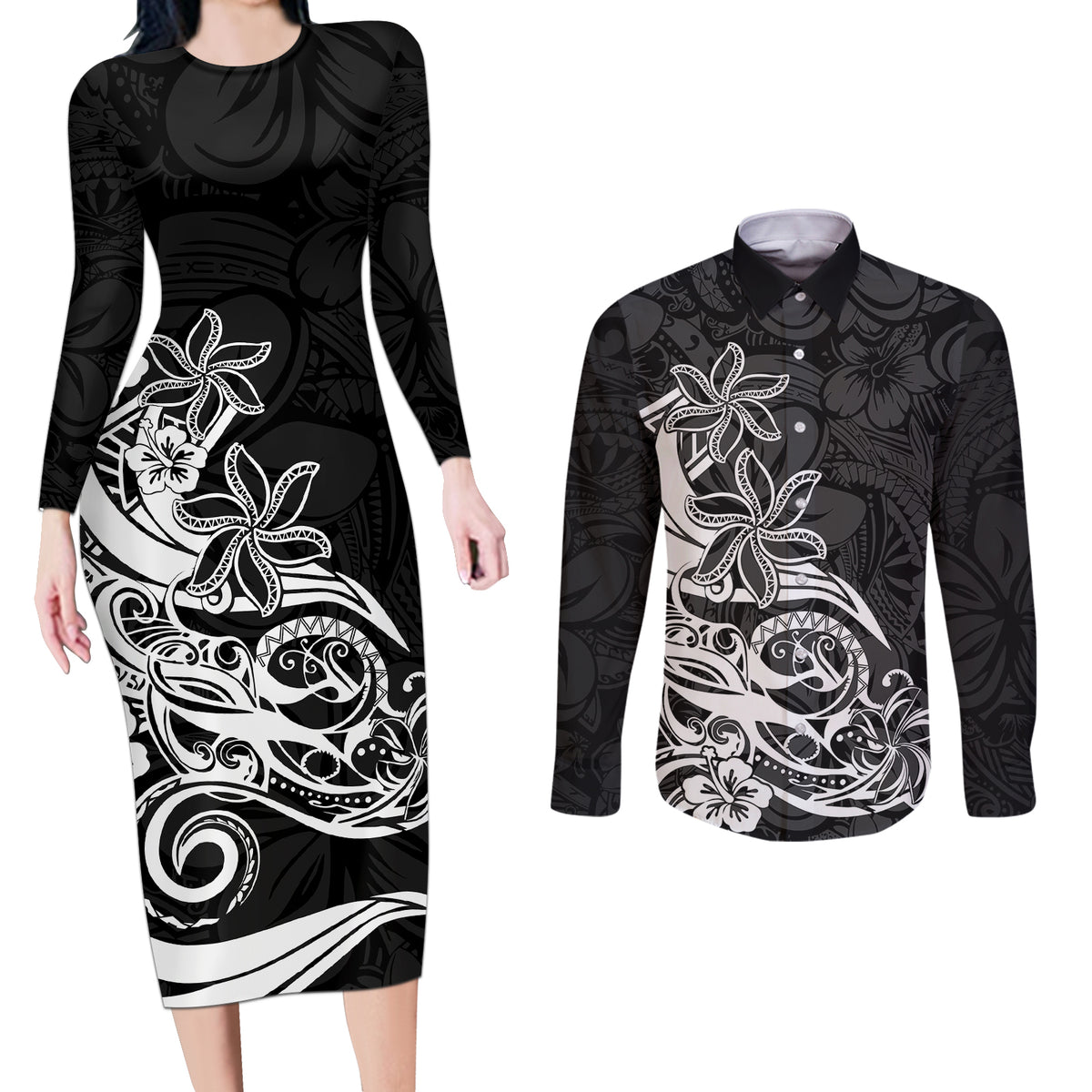 Polynesian Sunset Plumeria Couples Matching Long Sleeve Bodycon Dress and Long Sleeve Button Shirts Pacific Island Tribal Black Style LT9 - Wonder Print Shop