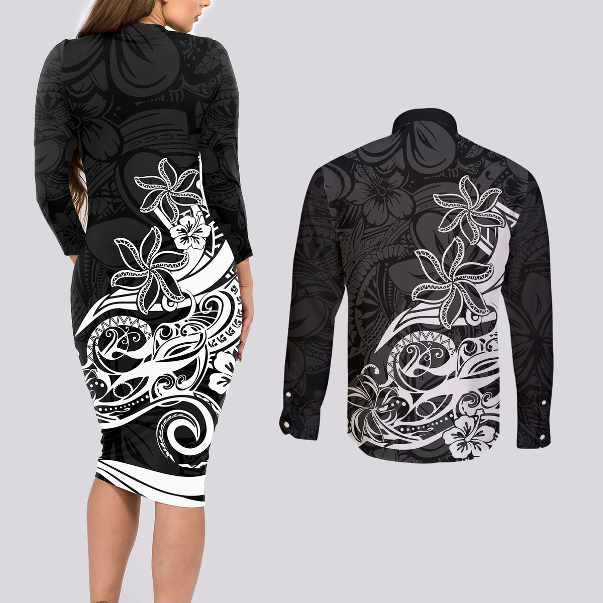 Polynesian Sunset Plumeria Couples Matching Long Sleeve Bodycon Dress and Long Sleeve Button Shirts Pacific Island Tribal Black Style LT9 - Wonder Print Shop