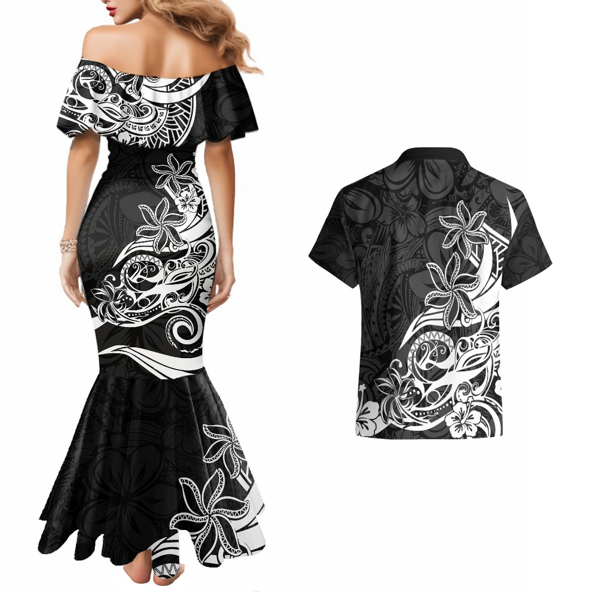 Polynesian Sunset Plumeria Couples Matching Mermaid Dress and Hawaiian Shirt Pacific Island Tribal Black Style LT9 - Wonder Print Shop