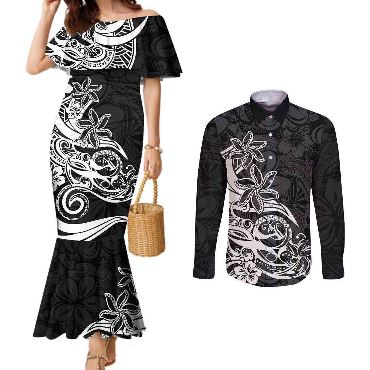 polynesian-sunset-plumeria-couples-matching-mermaid-dress-and-long-sleeve-button-shirts-pacific-island-tribal-black-style