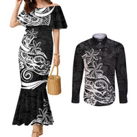 polynesian-sunset-plumeria-couples-matching-mermaid-dress-and-long-sleeve-button-shirts-pacific-island-tribal-black-style