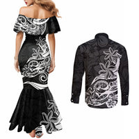 polynesian-sunset-plumeria-couples-matching-mermaid-dress-and-long-sleeve-button-shirts-pacific-island-tribal-black-style