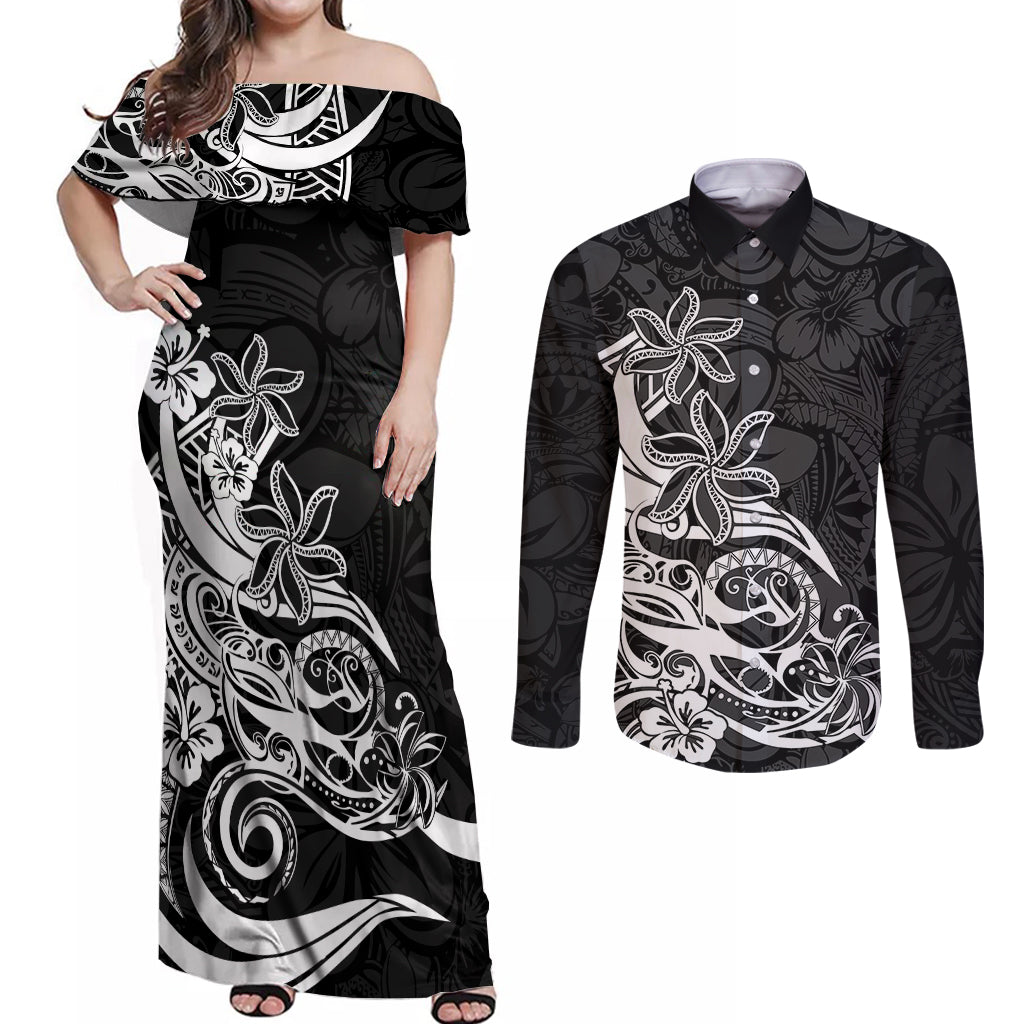 Polynesian Sunset Plumeria Couples Matching Off Shoulder Maxi Dress and Long Sleeve Button Shirts Pacific Island Tribal Black Style LT9 - Wonder Print Shop