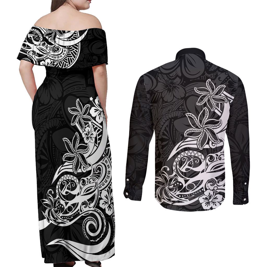 Polynesian Sunset Plumeria Couples Matching Off Shoulder Maxi Dress and Long Sleeve Button Shirts Pacific Island Tribal Black Style LT9 - Wonder Print Shop