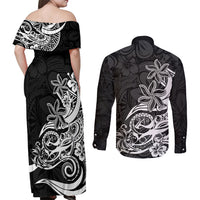 Polynesian Sunset Plumeria Couples Matching Off Shoulder Maxi Dress and Long Sleeve Button Shirts Pacific Island Tribal Black Style LT9 - Wonder Print Shop
