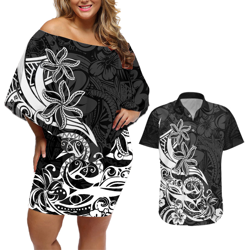 Polynesian Sunset Plumeria Couples Matching Off Shoulder Short Dress and Hawaiian Shirt Pacific Island Tribal Black Style LT9 - Wonder Print Shop