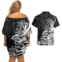 Polynesian Sunset Plumeria Couples Matching Off Shoulder Short Dress and Hawaiian Shirt Pacific Island Tribal Black Style LT9 - Wonder Print Shop