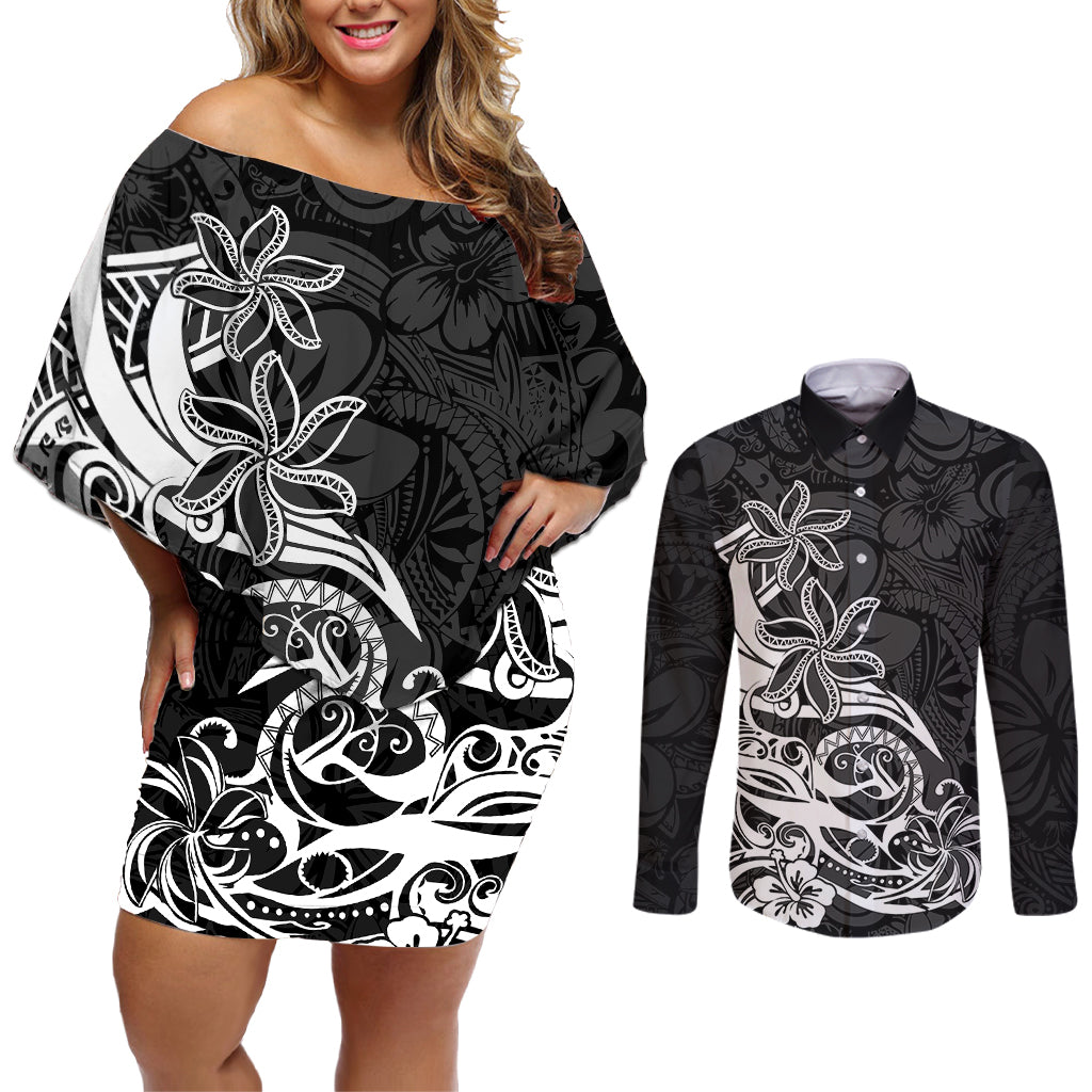 Polynesian Sunset Plumeria Couples Matching Off Shoulder Short Dress and Long Sleeve Button Shirts Pacific Island Tribal Black Style LT9 - Wonder Print Shop