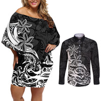 Polynesian Sunset Plumeria Couples Matching Off Shoulder Short Dress and Long Sleeve Button Shirts Pacific Island Tribal Black Style LT9 - Wonder Print Shop