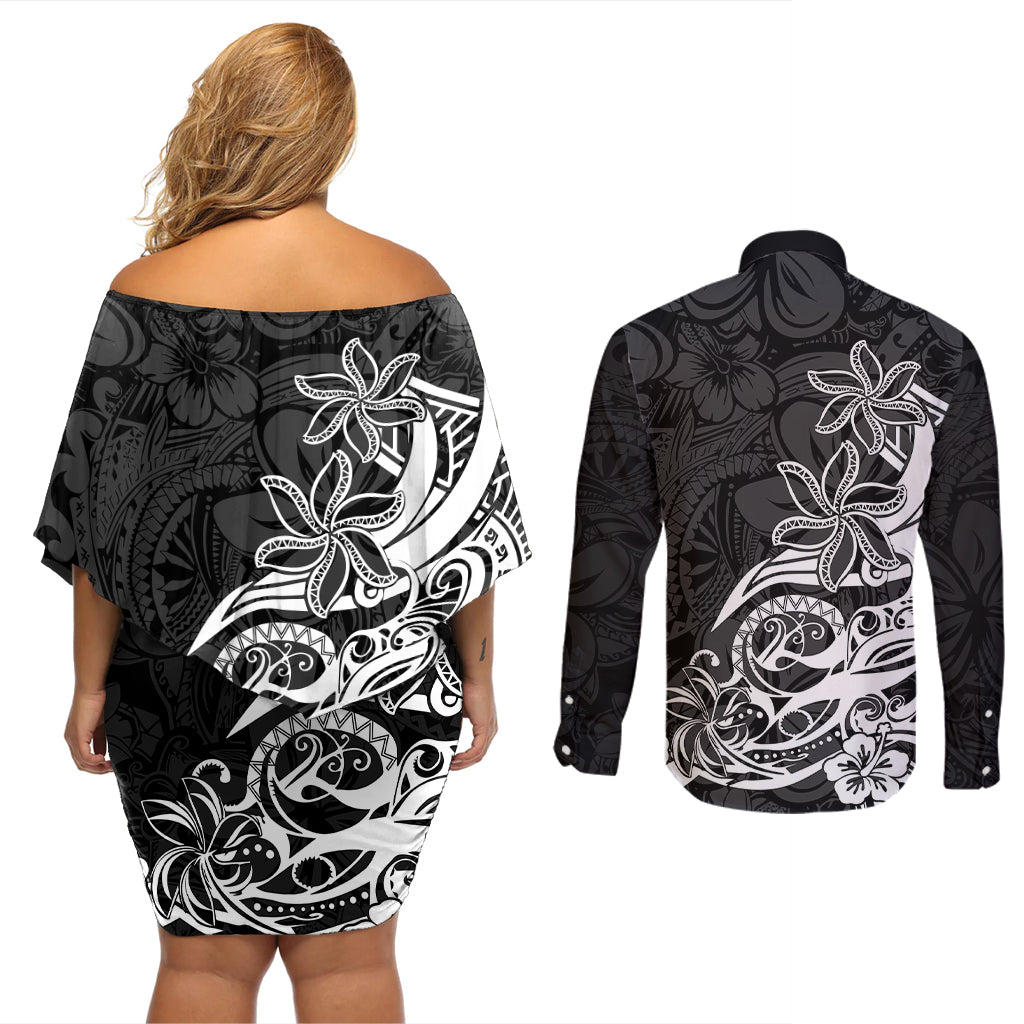 Polynesian Sunset Plumeria Couples Matching Off Shoulder Short Dress and Long Sleeve Button Shirts Pacific Island Tribal Black Style LT9 - Wonder Print Shop