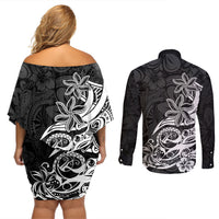 Polynesian Sunset Plumeria Couples Matching Off Shoulder Short Dress and Long Sleeve Button Shirts Pacific Island Tribal Black Style LT9 - Wonder Print Shop