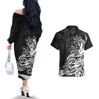 Polynesian Sunset Plumeria Couples Matching Off The Shoulder Long Sleeve Dress and Hawaiian Shirt Pacific Island Tribal Black Style LT9 - Wonder Print Shop