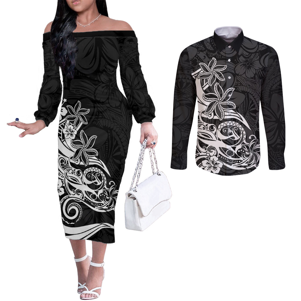 polynesian-sunset-plumeria-couples-matching-off-the-shoulder-long-sleeve-dress-and-long-sleeve-button-shirts-pacific-island-tribal-black-style