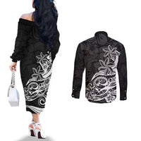 polynesian-sunset-plumeria-couples-matching-off-the-shoulder-long-sleeve-dress-and-long-sleeve-button-shirts-pacific-island-tribal-black-style