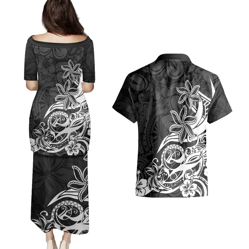 Polynesian Sunset Plumeria Couples Matching Puletasi Dress and Hawaiian Shirt Pacific Island Tribal Black Style LT9 - Wonder Print Shop