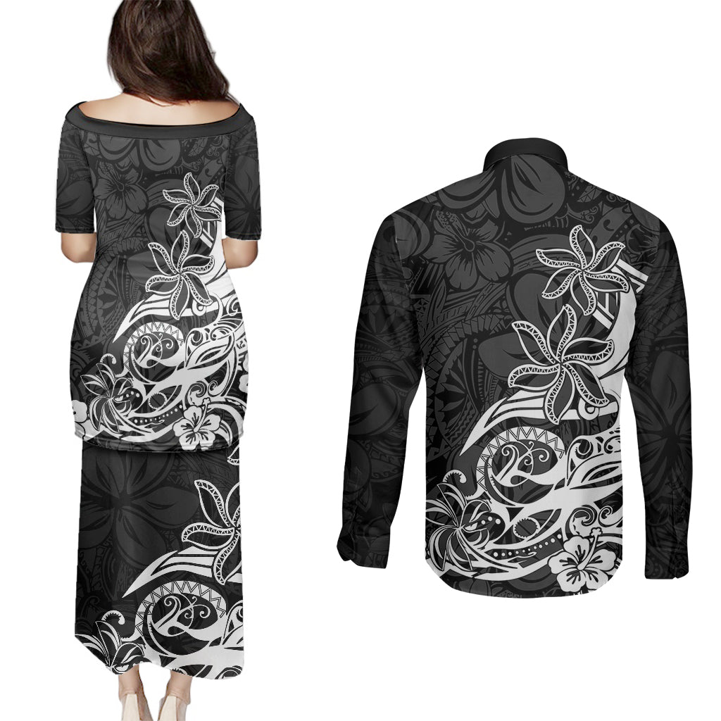 Polynesian Sunset Plumeria Couples Matching Puletasi Dress and Long Sleeve Button Shirts Pacific Island Tribal Black Style LT9 - Wonder Print Shop