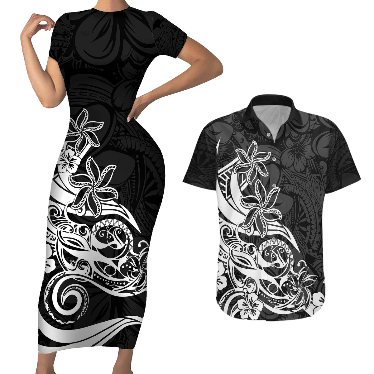 Polynesian Sunset Plumeria Couples Matching Short Sleeve Bodycon Dress and Hawaiian Shirt Pacific Island Tribal Black Style LT9 - Wonder Print Shop