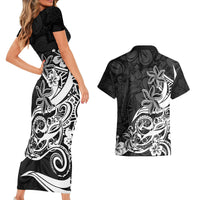 Polynesian Sunset Plumeria Couples Matching Short Sleeve Bodycon Dress and Hawaiian Shirt Pacific Island Tribal Black Style LT9 - Wonder Print Shop