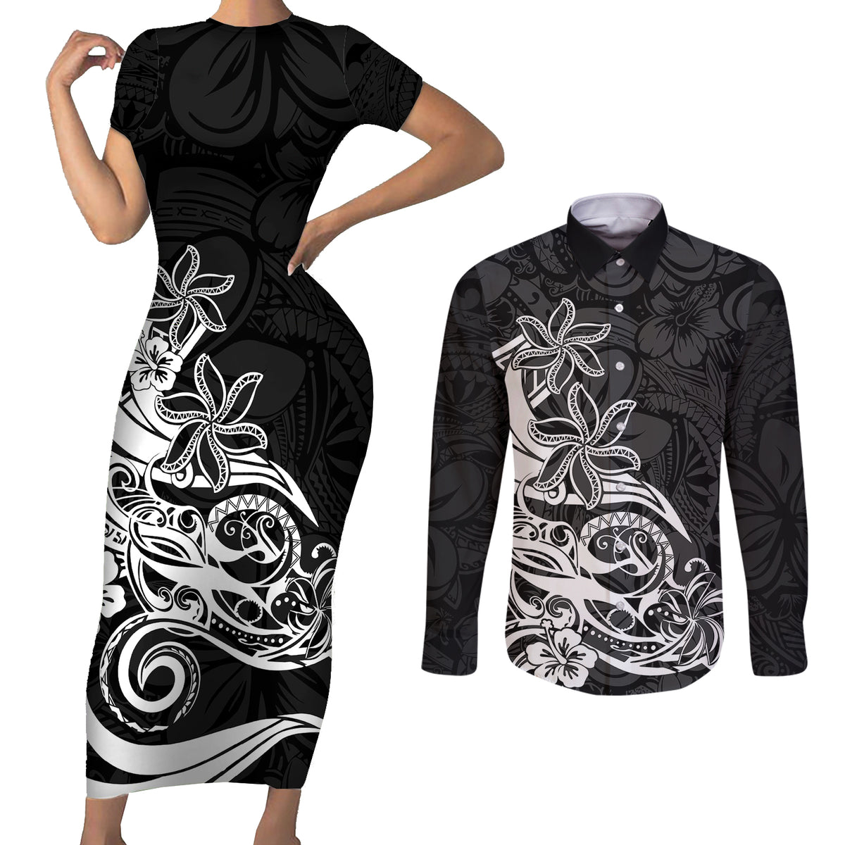 Polynesian Sunset Plumeria Couples Matching Short Sleeve Bodycon Dress and Long Sleeve Button Shirts Pacific Island Tribal Black Style LT9 - Wonder Print Shop