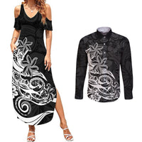 Polynesian Sunset Plumeria Couples Matching Summer Maxi Dress and Long Sleeve Button Shirts Pacific Island Tribal Black Style LT9 - Wonder Print Shop