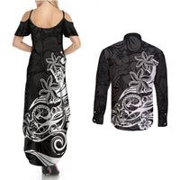 Polynesian Sunset Plumeria Couples Matching Summer Maxi Dress and Long Sleeve Button Shirts Pacific Island Tribal Black Style LT9 - Wonder Print Shop