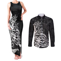Polynesian Sunset Plumeria Couples Matching Tank Maxi Dress and Long Sleeve Button Shirts Pacific Island Tribal Black Style LT9 - Wonder Print Shop