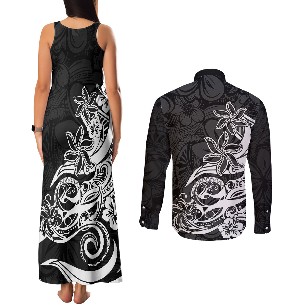 Polynesian Sunset Plumeria Couples Matching Tank Maxi Dress and Long Sleeve Button Shirts Pacific Island Tribal Black Style LT9 - Wonder Print Shop