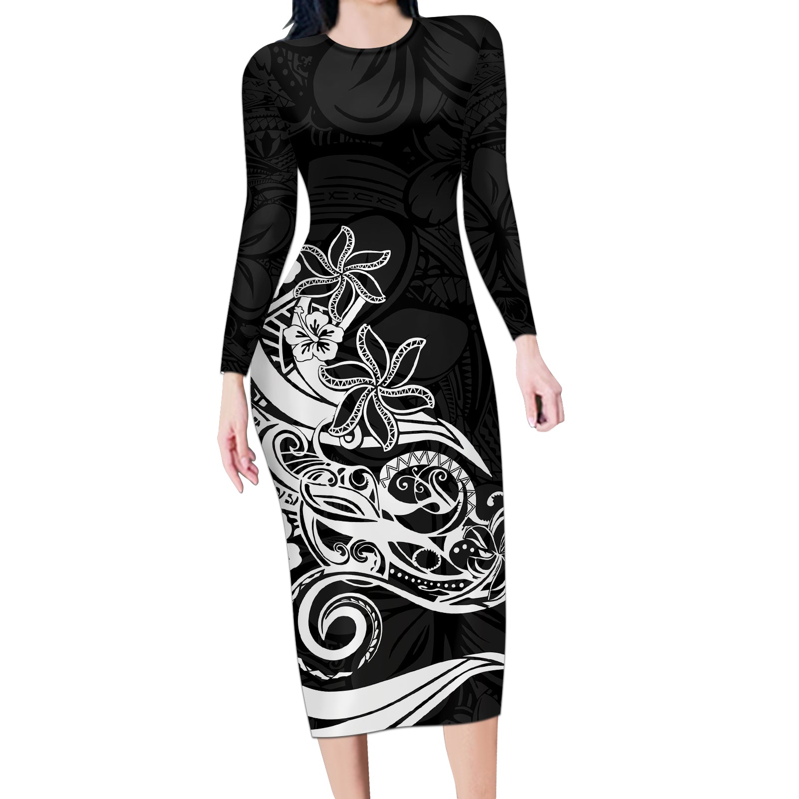 Polynesian Sunset Plumeria Long Sleeve Bodycon Dress Pacific Island Tribal Black Style - Wonder Print Shop